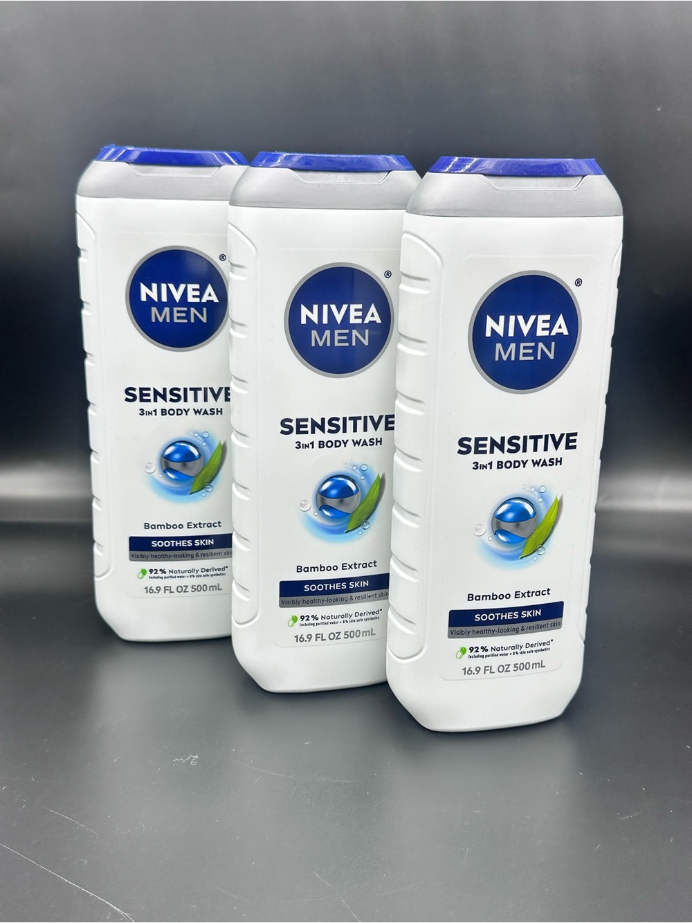 NIVEA MEN Sensitive 3-in-1 Body Wash Bamboo Extract 16.9 oz - Pack of 3